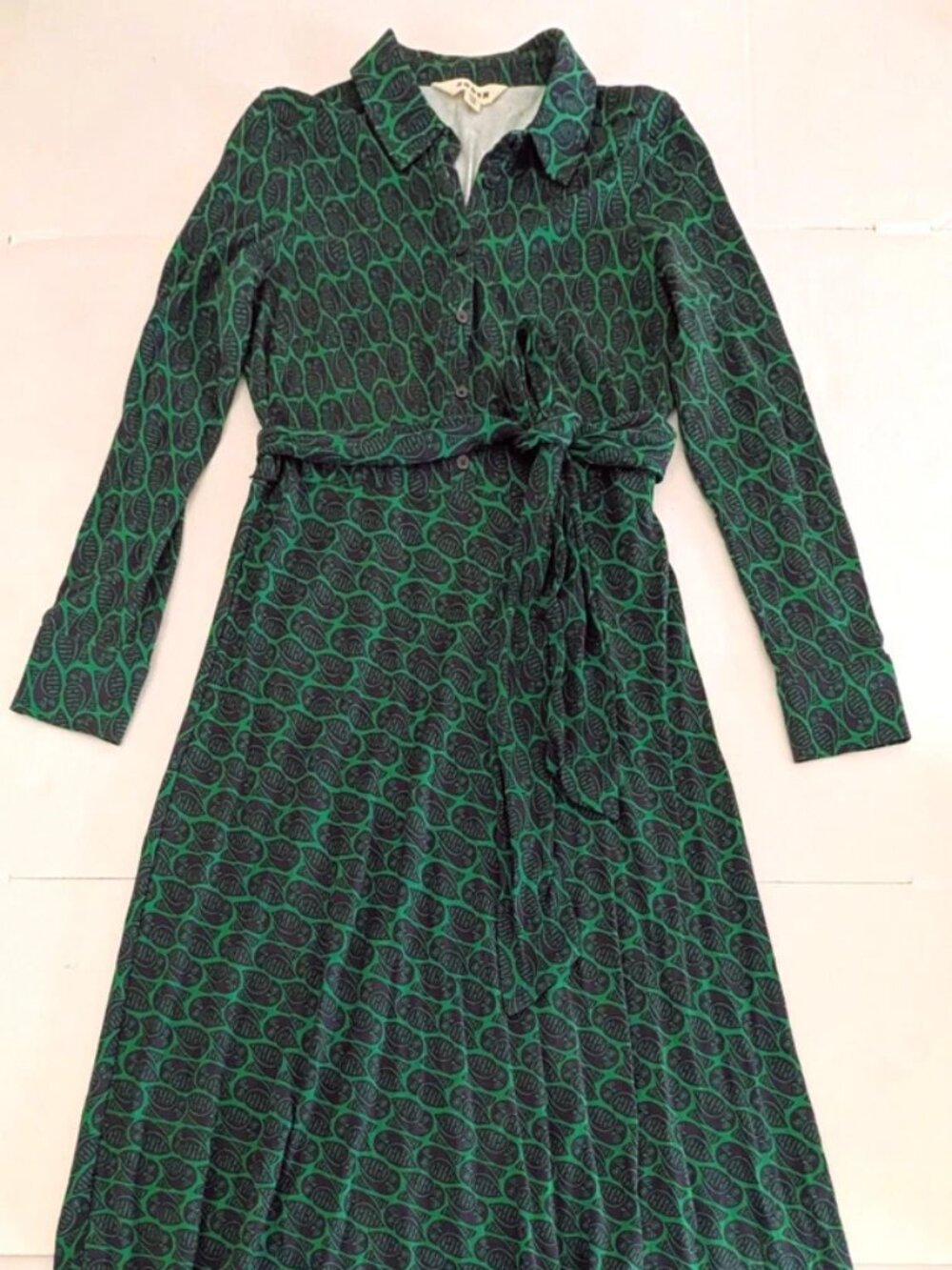 BODEN Laura Jersey Midi Shirt Dress Green Navy Owl Pattern Long Sleeve 8R NWOT - Picture 2 of 12